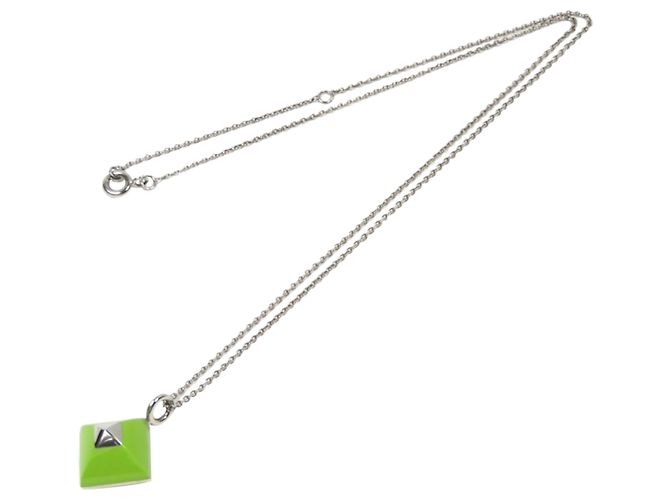 Ring Hermès Hermes Silver Medor Folk Pendant Necklace Silvery Green