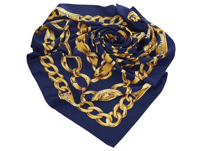 Chanel Blue Chain Print Silk Scarf