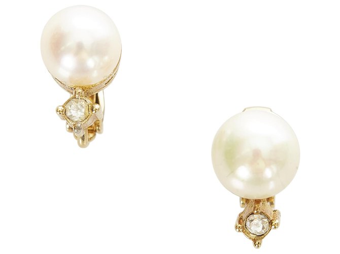 Dior White Faux Pearl Clip-On Earrings Golden Metal  ref.317920