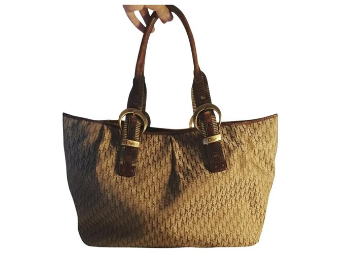 Dior Tote handbag Brown Leather Cloth  ref.318071