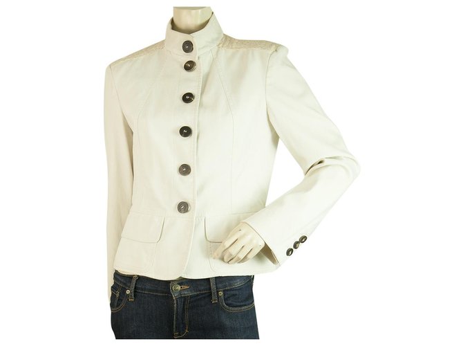 Burberry London Off White Cream Lace Epaulettes Button Cotton Jacket 8  US,10 UK  - Joli Closet