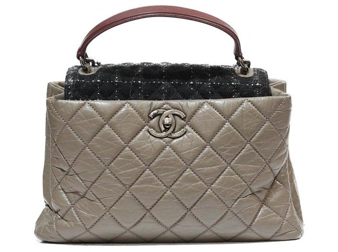 CHANEL TROMPE OEUIL TOTE BAG IN TAUPE QUILTED LEATHER FLAP TWEED  ref.318446