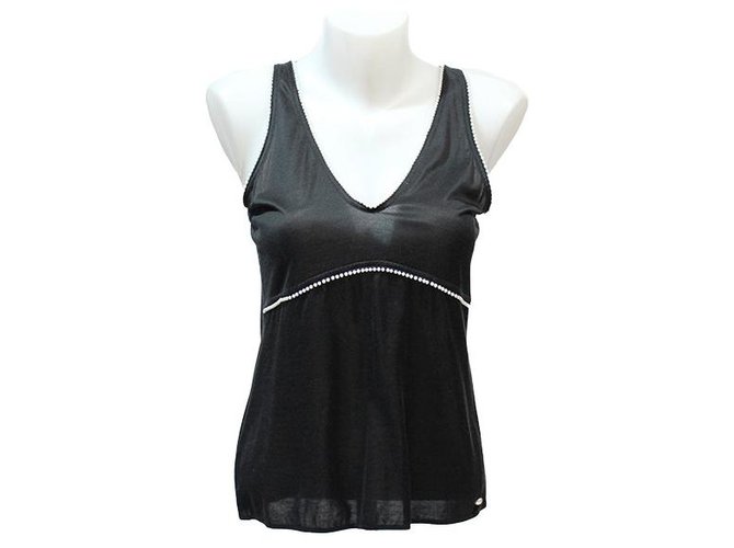 CHANEL V-NECK TOP IN COTTON KNIT AND BLACK VISCOSE SLEEVELESS WITH ALL GANSE PEARLS  ref.318464