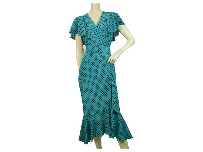 Michael Kors Seidenkleid Türkis Schwarz Polka Dot Lang