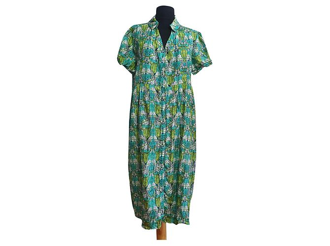 Autre Marque Tone Barker Seidenkleid mit Eulenmuster grün Mehrfarben