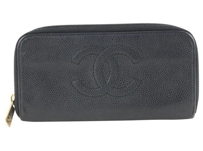 Chanel Black Caviar CC Logo Zip Around Wallet Long Zippy L-Gusset Leather  ref.318945 - Joli Closet