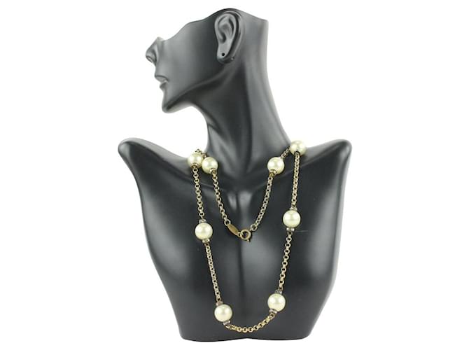 Chanel Gold Crystal Pearl Chain Necklace White gold  ref.318980