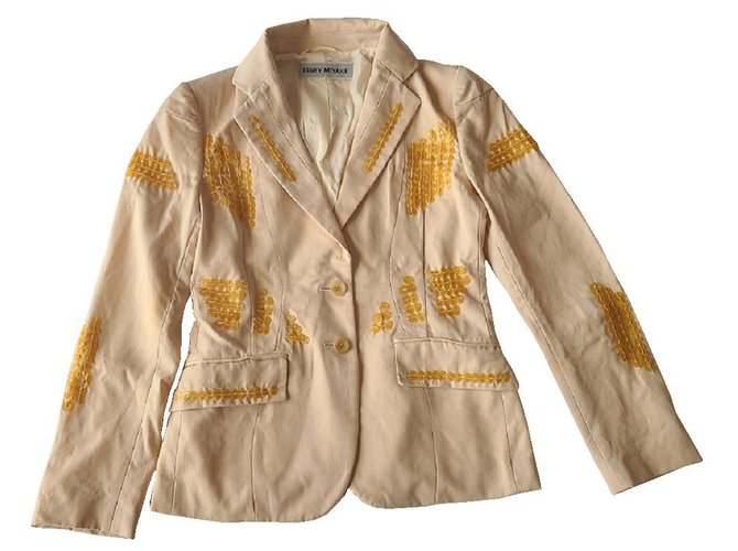 Issey Miyake Embellished Blazer Jacket Beige Silk Wood  ref.319929