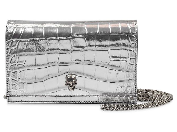 Alexander Mcqueen Skull Mini Bag in Silver Embrossed Leather