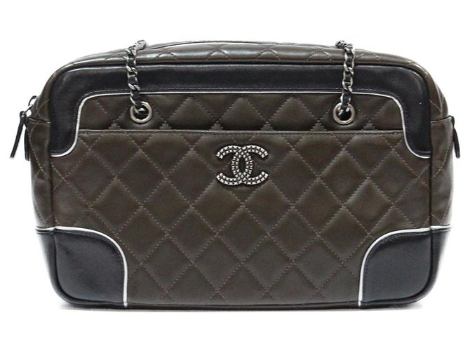 CHANEL CAMERA BAG IN KHAKI BROWN QUILTED LEATHER BLACK CORNERS lined SHOULDER HANDLE ref.318443