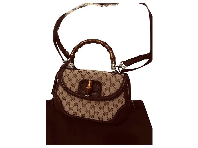 Borsa a mano Gucci in pelle marrone con manico in bambù