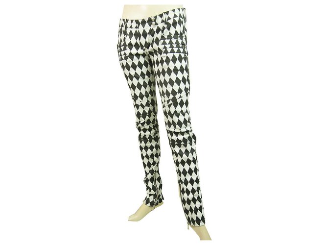 Balmain Black & White Harlequin Print Zipper Cuffs Skinny Trousers Calças sz 36 Preto Algodão  ref.321422