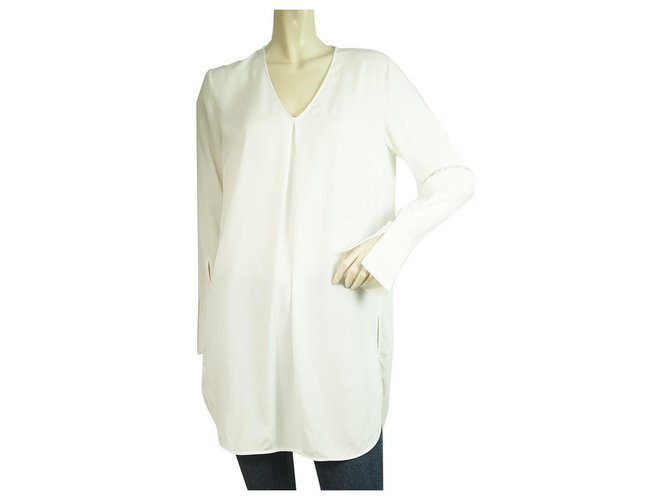 Dondup White Long Sleeves Silky Blouse V Neckline Long Length Top size 40 Viscose  ref.321479
