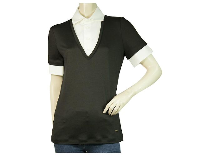 Dsquared2 D2 Schwarzer Wollstrick Weißer Baumwollkragen Kurzarm-Top Bluse Gr. XL
