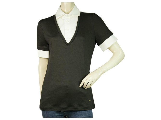 Dsquared2 D2 Blusa de malha de lã preta malha de algodão branco colarinho manga curta tamanho XL Preto  ref.321544