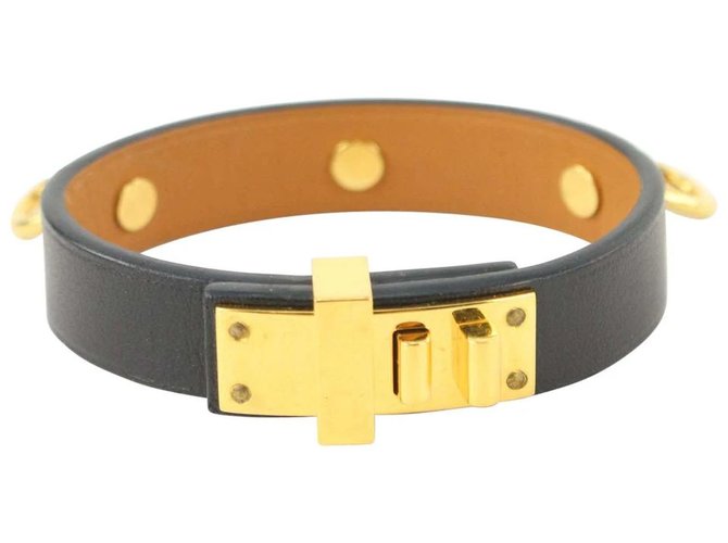 Hermès Schwarzes Mini Dog Anneaux Armband Cuff Kelly Armreif Leder  ref.322426