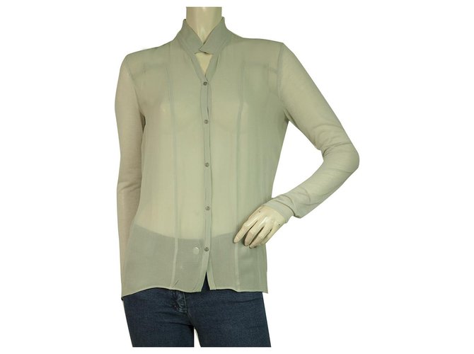 Helmut Lang Gray Long 100% Silk Sheer Blouse Button Shirt Top Size S Grey  ref.323004