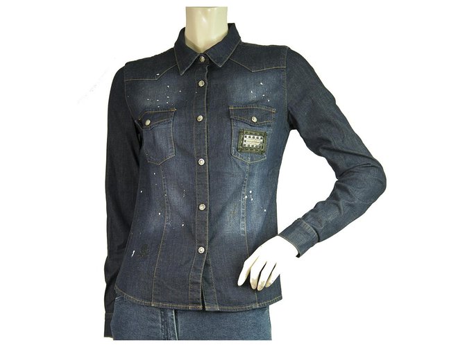 Udstyr Ristede Mechanics Philipp Plein Blue Denim Jeans Smiley Face Fitted Button Shirt Top - Size S  Cotton ref.323027 - Joli Closet