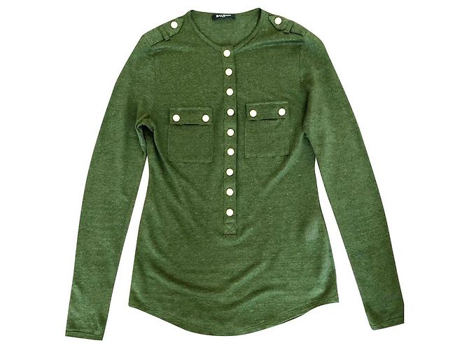 Balmain Green Linen Henley Cardigan with Embossed Buttons