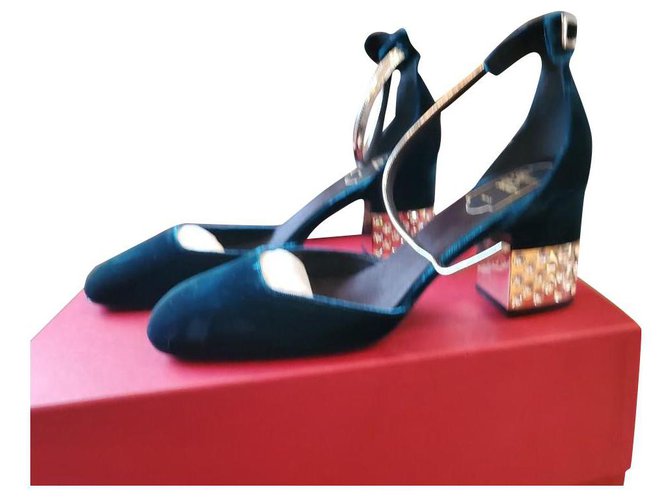 roger vivier sandálias de salto de veludo Azul marinho Lona  ref.323427