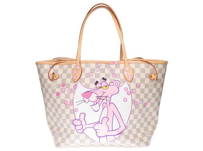 Shopping bag Louis Vuitton Neverfull modello medio in tela a scacchi azzurra personalizzata "Pink Panther & Champagne Bubbles" Beige  ref.323461