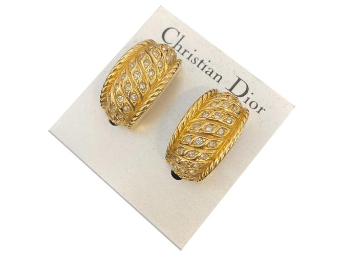 Brincos Golden Dior com strass Dourado Metal  ref.323519