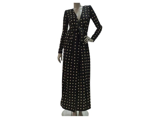 BALMAIN Black Suede Gold Circles Maxi Coat Cardigan Dress Sz.36 Multiple colors Leather  ref.323632
