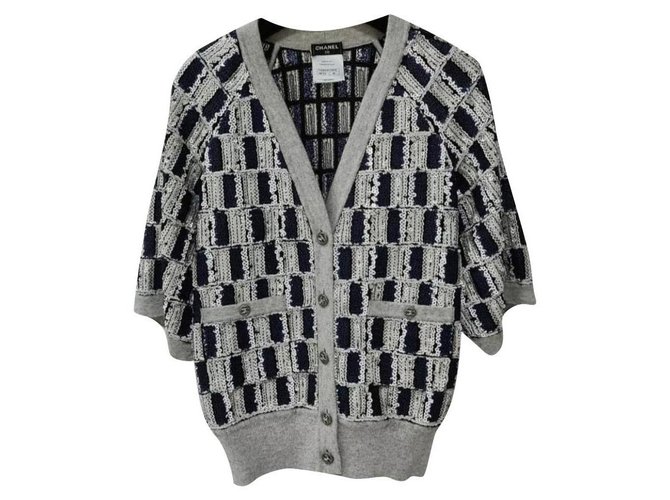 Chanel Blue Navy Grey Pearl Sequin Cashmere Cc Sweater Cardigan Sz 36 Multiple colors  ref.323656