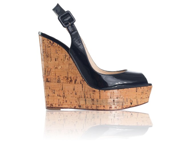 Christian Louboutin Black Patent Wedges Preto Couro  ref.324129