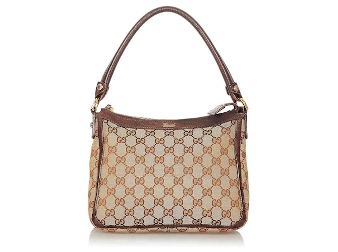 Gucci Brown GG Canvas Shoulder Bag Beige Dark brown Leather