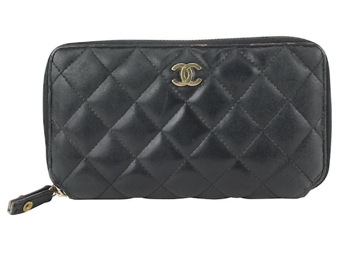 Chanel Black Quilted Lambskin Zip Around Wallet L-Gusset Leather