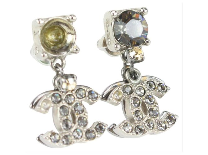 Chanel 06p Silver Crystal Cc Drop Earrings Ref Joli Closet