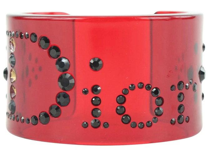 Dior Red Translucent Black Crystal Logo Cuff Bracelet Bangle  ref.324632