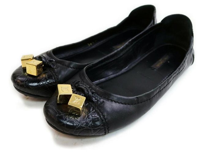 Louis Vuitton Size 36.5 Womens Black LEather Gold Dice Cube Ballerina Flats White gold  ref.326195