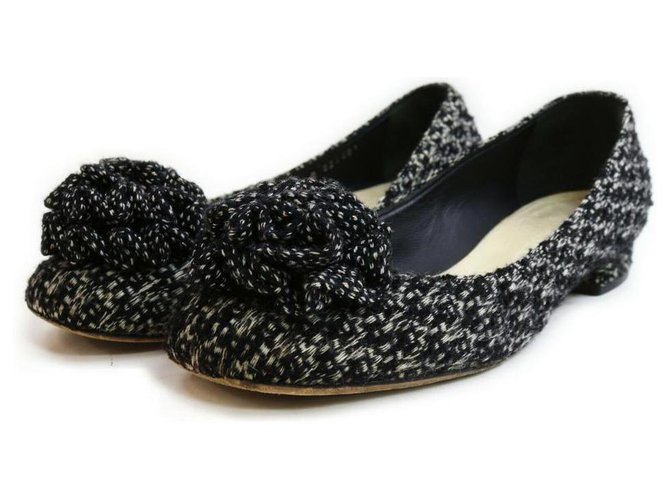 Chanel size 39 Ballerines noires en tweed Camellia CC Laine  ref.326209