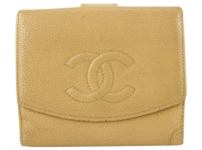 Chanel Beige Caviar Cc Logo Geldbörse Compact Wallet Leder  ref.326335