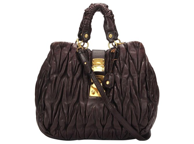 Miu Miu Matelasse Leather Coffer Handbag Brown Pony-style calfskin