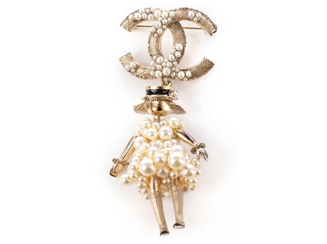 Chanel Mademoiselle Coco Chanel Spilla di perle D'oro Metallico