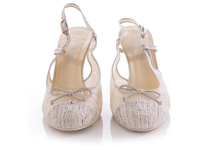 Chanel White Floral Mesh Tweed Cap Toe Slingback Sandals Cream Cloth  ref.327621
