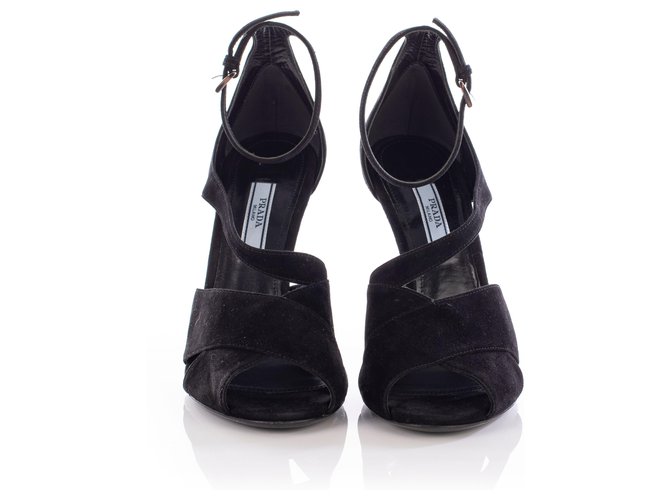Double Prada Black Suede High Heel Crisscross Sandals  ref.327630