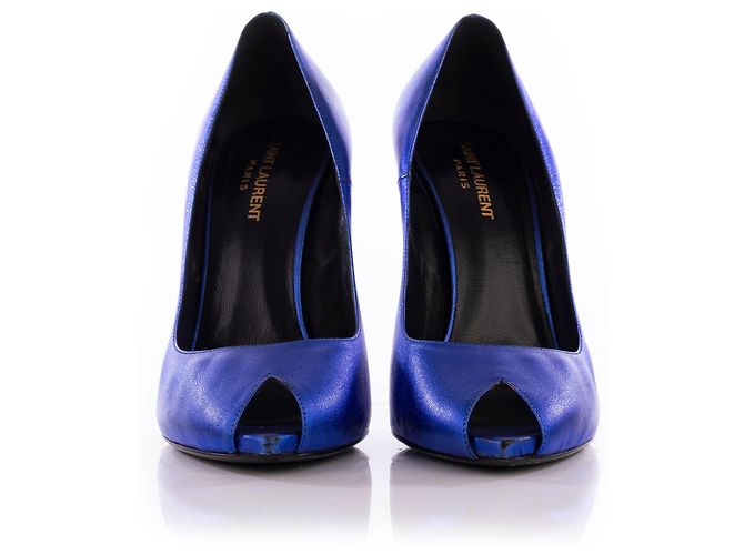 Saint Laurent Blue Metallic Peeptoe Pumps Navy blue