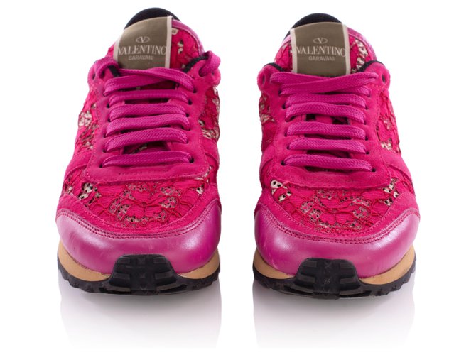 Sneaker Valentino in pelle rosa fucsia e pizzo macramè  ref.327640