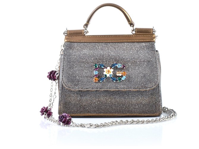 Dolce & Gabbana Bronze sparkly fabric Mini Sicily w/Crystal Logo & Flowers on Chain Metallic Cloth  ref.327642
