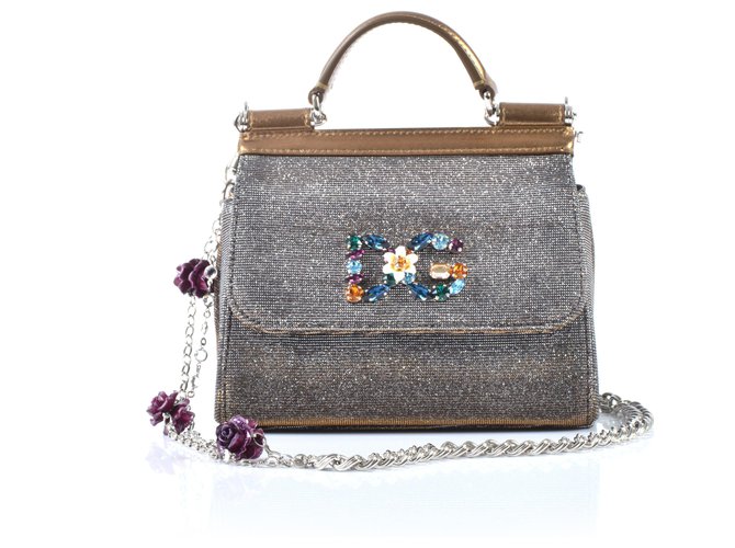 Dolce & Gabbana Bronze glitzernder Stoff Mini Sizilien mit Kristalllogo & Blumen an Kette Metallisch Leinwand  ref.327642