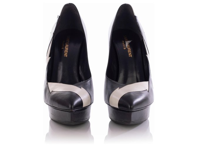 Saint Laurent Zapatos de tacón con plataforma puntiagudos Janis Lightning Splash de cuero negro / blanco  ref.327668