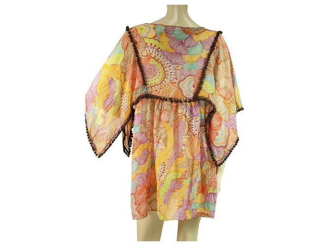 Milly Cabana Coton Soie Floral Sheer Caftan Cover Up Plage Mini Robe ou Top S Multicolore  ref.327929