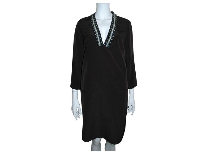 Autre Marque Bejewelled mid length kaftan dress Black Silvery Polyester Satin  ref.328010