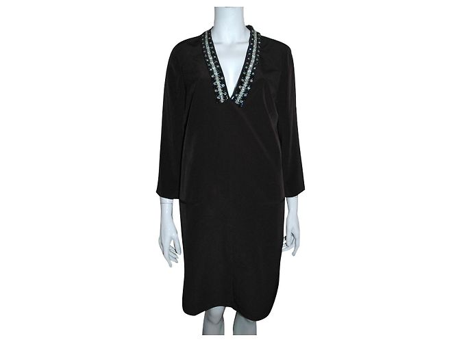 Autre Marque Bejeweled mittellanges Kaftankleid Schwarz Silber