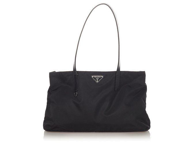 Prada Black Tessuto Tote Bag Negro Cuero Becerro Nylon Paño  ref.328183