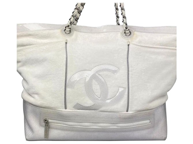 Borsa tote Chanel in cotone bianco CC Pelle Panno  ref.328203